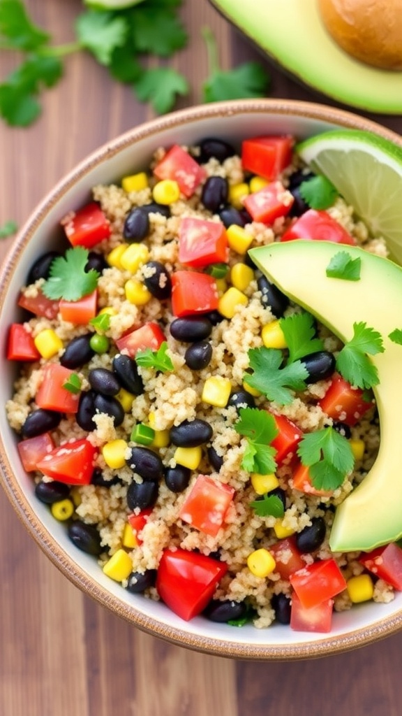 A vibrant bowl of Southwest quinoa salad with black beans, corn, bell peppers, tomatoes, and avocado, garnished with cilantro and lime.
